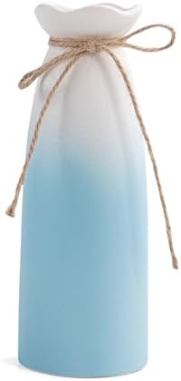 Blue Ombre Ceramic Flower Vase with White Rim and Jute Bow