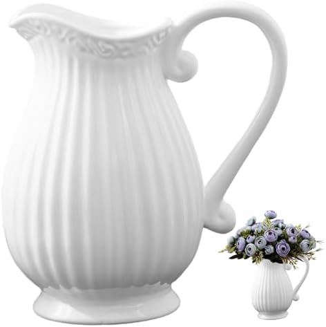 White Pitcher Vase with Handle for Flowers
