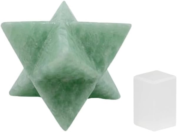 Natural Stone Dark Green Aventurine Merkaba with Selenite Cube and Velvet Pouch - EDZZEL