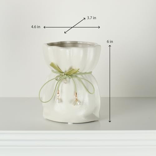 White Ceramic Vase with Ribbon Tie and Pendants