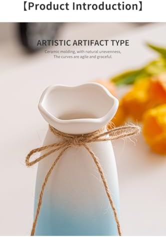 Blue Ombre Ceramic Flower Vase with White Rim and Jute Bow