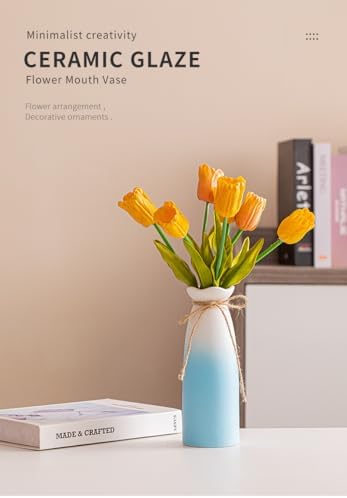 Blue Ombre Ceramic Flower Vase with White Rim and Jute Bow
