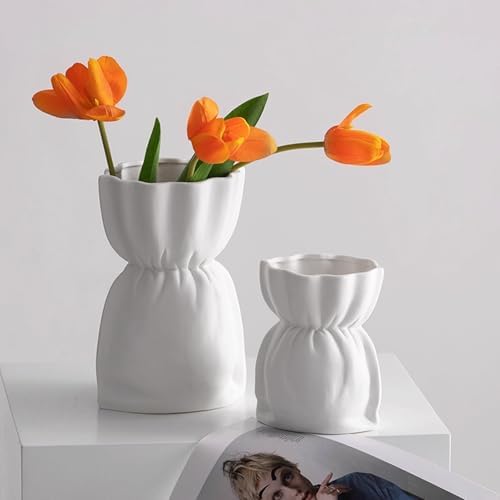 White Ceramic Vase with Ribbon Tie and Pendants