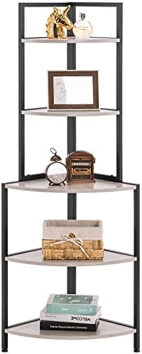 Apicizon 5 Tier Corner Shelf Rustic Grey Industrial Bookcase