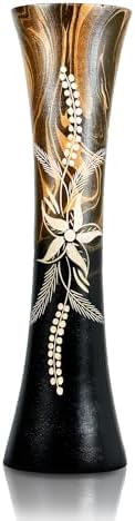 AeraVida 14-inch Curved Brown Wooden Vase with Tropical Flower Design