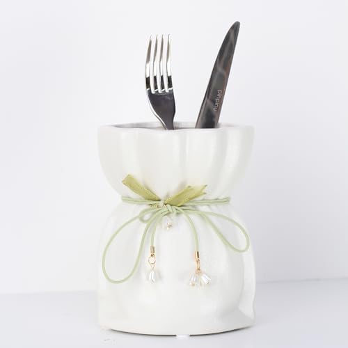 White Ceramic Vase with Ribbon Tie and Pendants