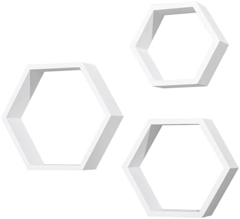 ZGZD Set of 3 White Wooden Hexagon Floating Shelves