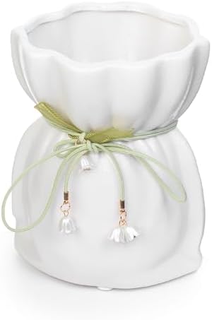 White Ceramic Vase with Ribbon Tie and Pendants