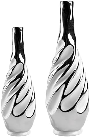 Yundu Ceramic Vase Set of 2 White and Silver Modern Design