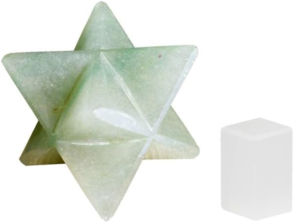 Natural Stone Light Green Aventurine Merkaba with Selenite Cube and Velvet Pouch