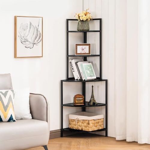 Apicizon 5 Tier Corner Shelf Black Metal Frame