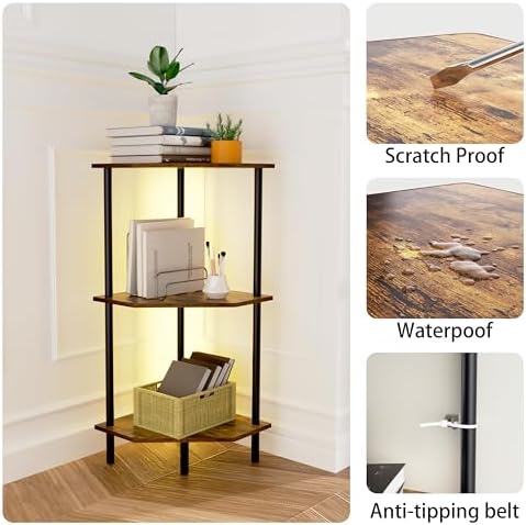 3 Tier Corner Shelf with LED Light and Metal Frame