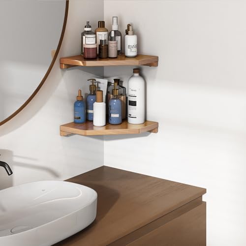 2 Pcs Floating Corner Shelves in Natural Teak