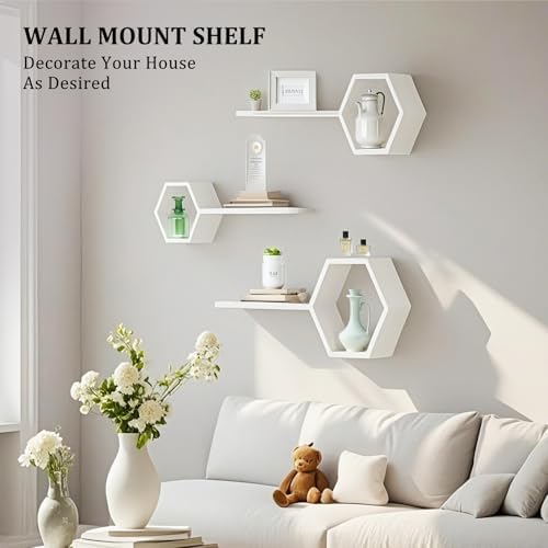 ZGZD Set of 3 White Wooden Hexagon Floating Shelves