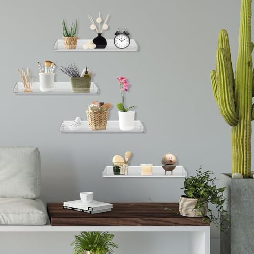 4 Pack Acrylic Shelves for Bathroom Wall with Adhesive No Drilling