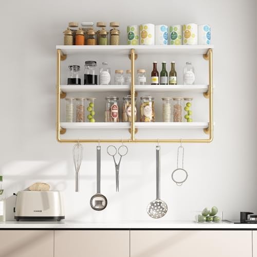 HOMEKAYT 48 Inch 3 Tier Floating Wall Shelves Gold