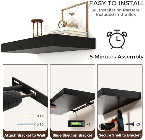 Venusmiles 24 x 12 Black Floating Wall Shelf