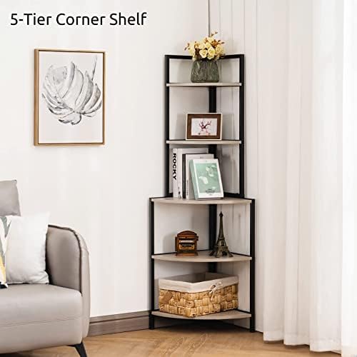 Apicizon 5 Tier Corner Shelf Rustic Grey Industrial Bookcase
