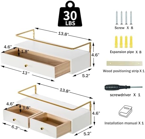 Rustic Floating Shelves With Drawer Set of 2