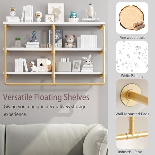 HOMEKAYT 48 Inch 3 Tier Floating Wall Shelves Gold