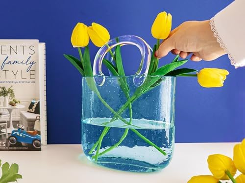 OLEEK Handmade Glass Purse Vase - 10 Inches Blue