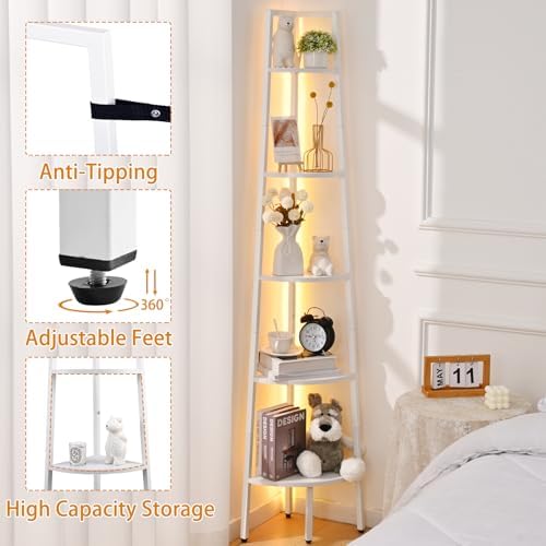 White Corner Shelf with LED Light and Steel Frame