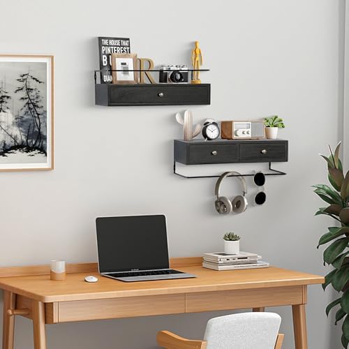 Rustic Floating Shelves with Drawer Set of 2 Black