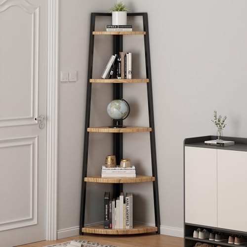 5 Tier Corner Bookshelf Industrial Style Solid Wood Bookcase