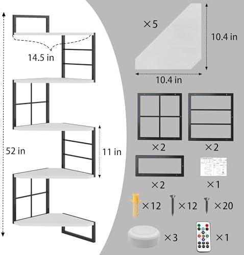 Floating Corner Shelves with Light - 5 Tiers Metal White