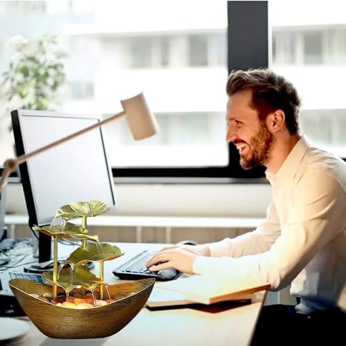 Metallic Gold 4-Tier Tabletop Fountain with Lotus and Ingot Design