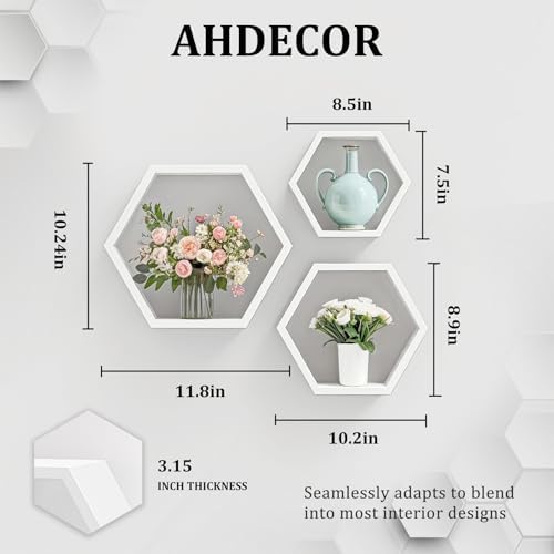 ZGZD Set of 3 White Wooden Hexagon Floating Shelves