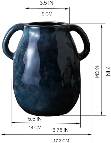 Blue Ceramic Vase with Two Handles for Farmhouse Decor