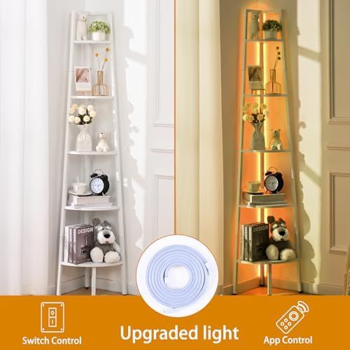 White Corner Shelf with LED Light and Steel Frame