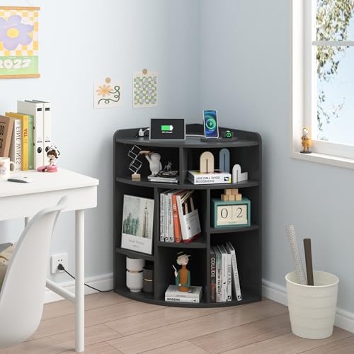 VECELO Corner Cube Shelf with USB and Outlets Black