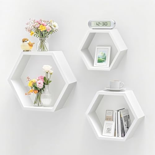 ZGZD Set of 3 White Wooden Hexagon Floating Shelves