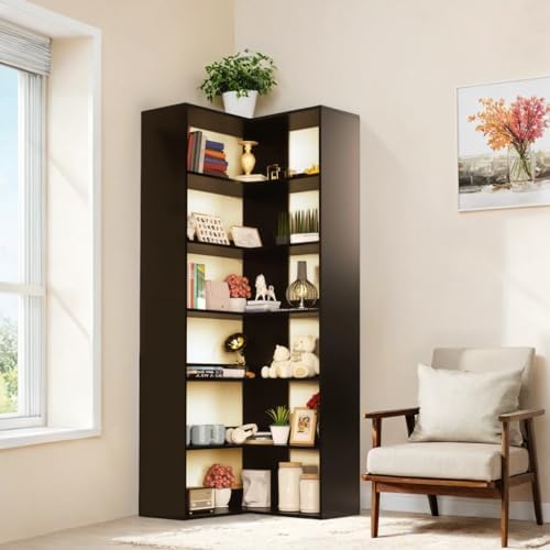 71 Tall Black Corner Bookshelf 6 Tier L-Shape