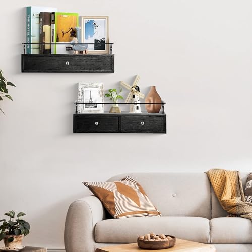 Rustic Floating Shelves with Drawer Set of 2 Black