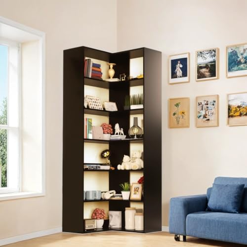 71 Tall Black Corner Bookshelf 6 Tier L-Shape