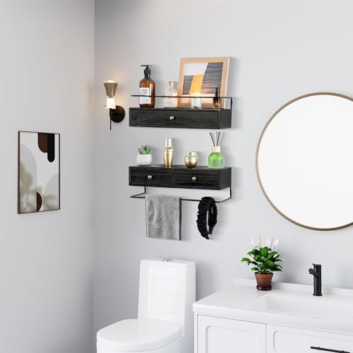 Rustic Floating Shelves with Drawer Set of 2 Black