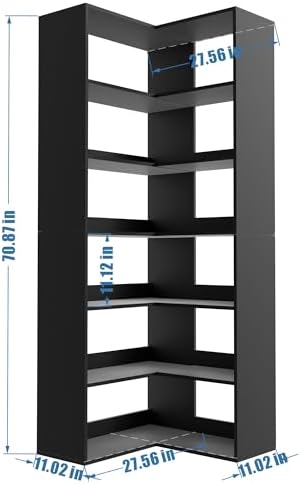 71 Tall Black Corner Bookshelf 6 Tier L-Shape