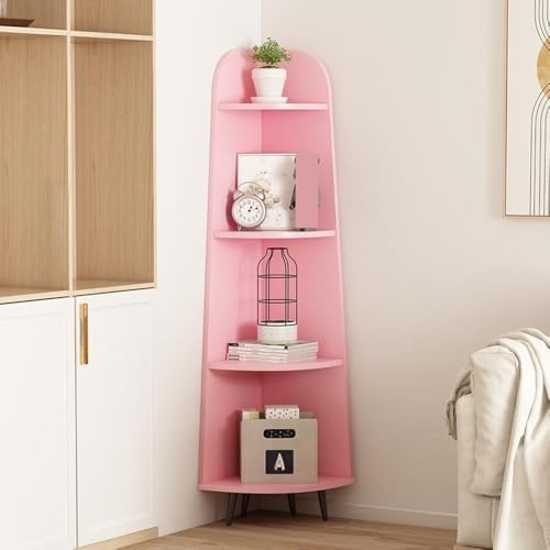 5 Tier Modern Corner Bookshelf with Plant Stand Pink