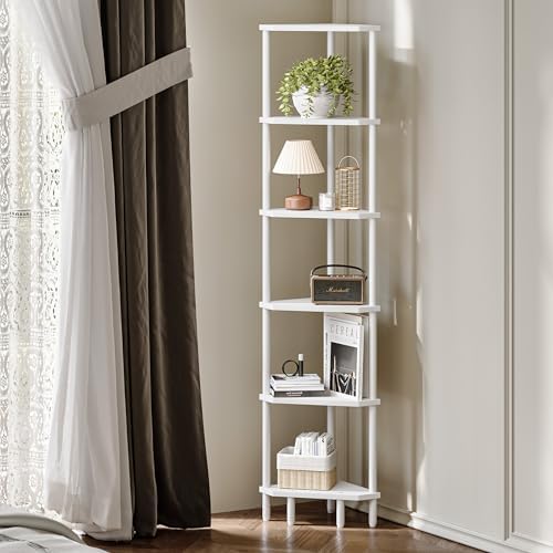 6 Tier Corner Shelf White Modern Bookcase