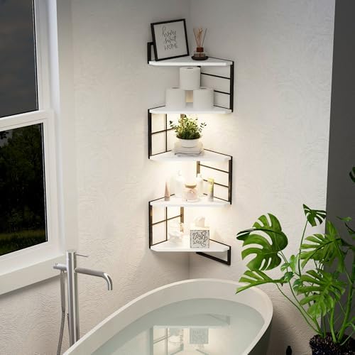 Floating Corner Shelves with Light - 5 Tiers Metal White