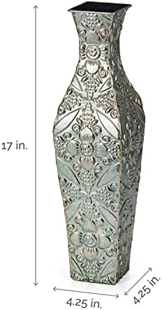 Elements Embossed Blue Metal Vase 17-Inch