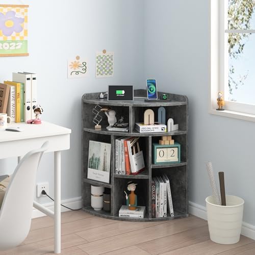 VECELO Corner Cube Shelf with USB and Outlets Gray
