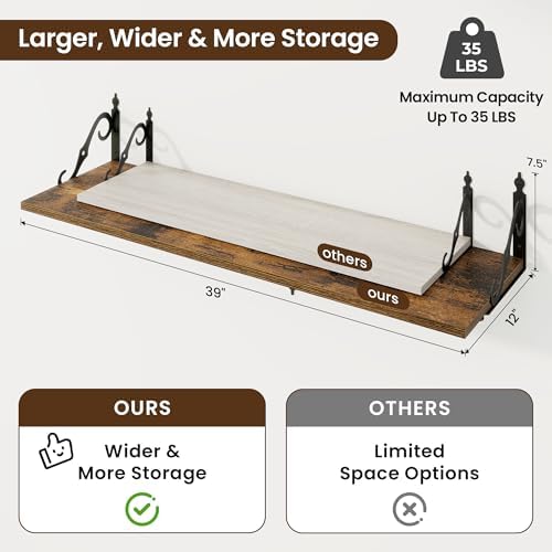 RICHFOCUS 12 Inch Deep Floating Shelves Set of 2 Rustic Brown