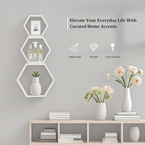 ZGZD Set of 3 White Wooden Hexagon Floating Shelves