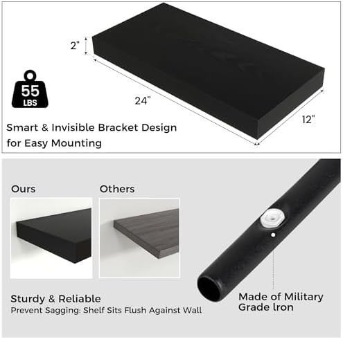 Venusmiles 24 x 12 Black Floating Wall Shelf