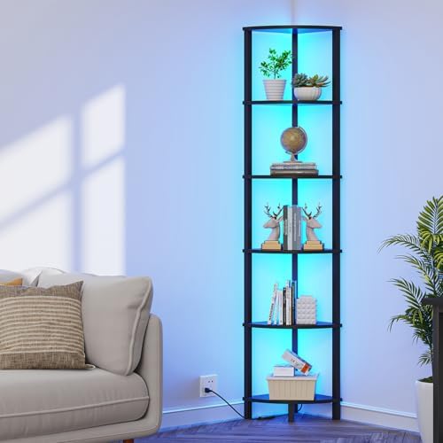 6-Tier Corner Shelf with LED Light Sturdy Black Frame