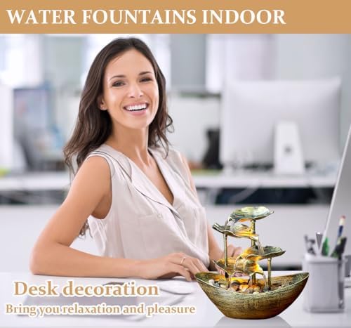 Metallic Gold 4-Tier Tabletop Fountain with Lotus and Ingot Design